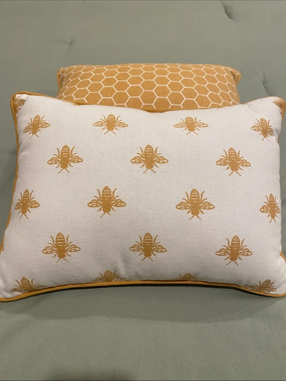 Set of Two Reversible Bee Pattern Decorative Throw Pillows in Mustard and White